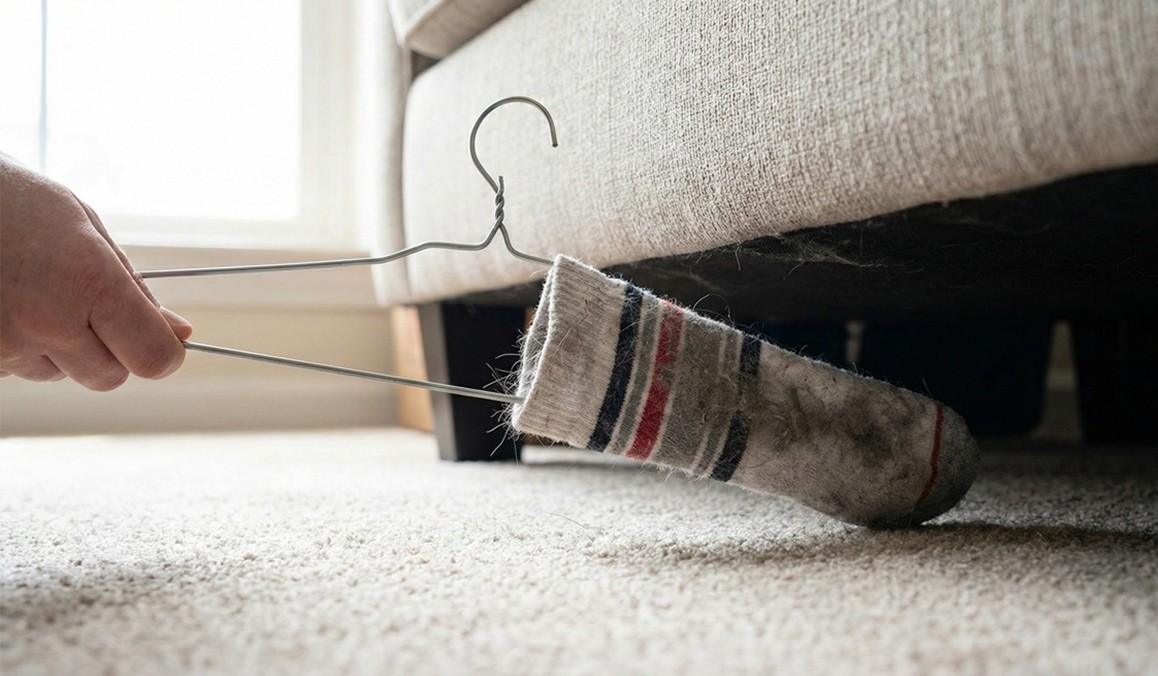 헌 양말을 옷걸이에 끼워서 만든 틈새 청소 도구 / AI 생성 이미지