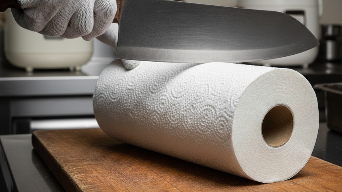 키친타월을 반으로 자르려는 모습. AI가 생성한 자료사진.