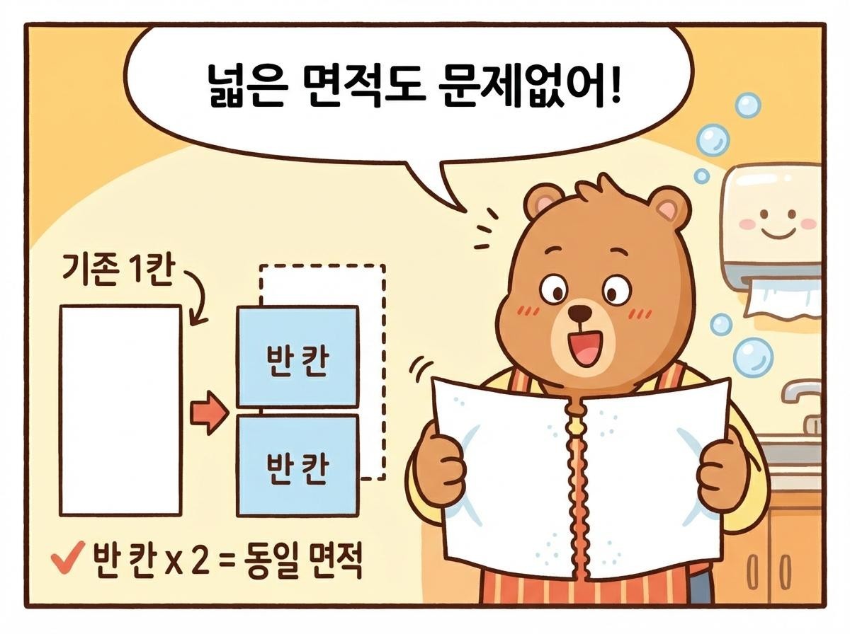 [삽화] 키친타월을 반으로 잘라써도 문제 없는 이유. 두 칸씩 사용하면 기존 1칸과 비슷하다. AI가 생성한 자료사진.