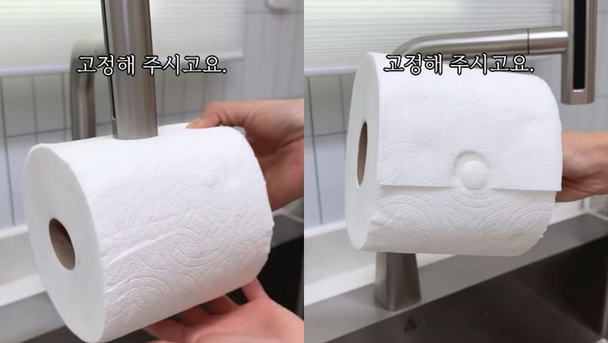 수전을 이용해 키친타월을 고정하는 모습. / 유튜브 '집구석구석꿀팁, 집꿀'