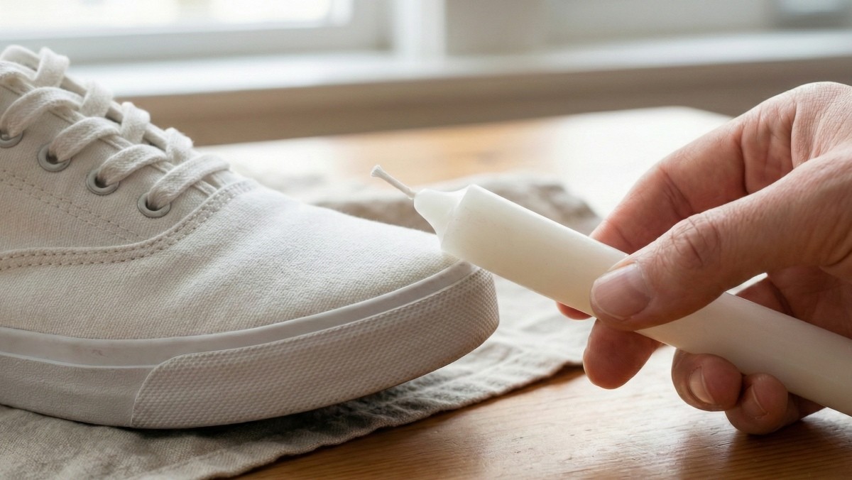 기사를 바탕으로 AI가 생성한 자료사진. 양초를 신발 표면에 문지른 뒤 드라이기를 이용해 따뜻한 바람으로 녹여준다. 양초 원료인 파라핀이 녹으면서 생활 방수 효과를 보일 수 있다.