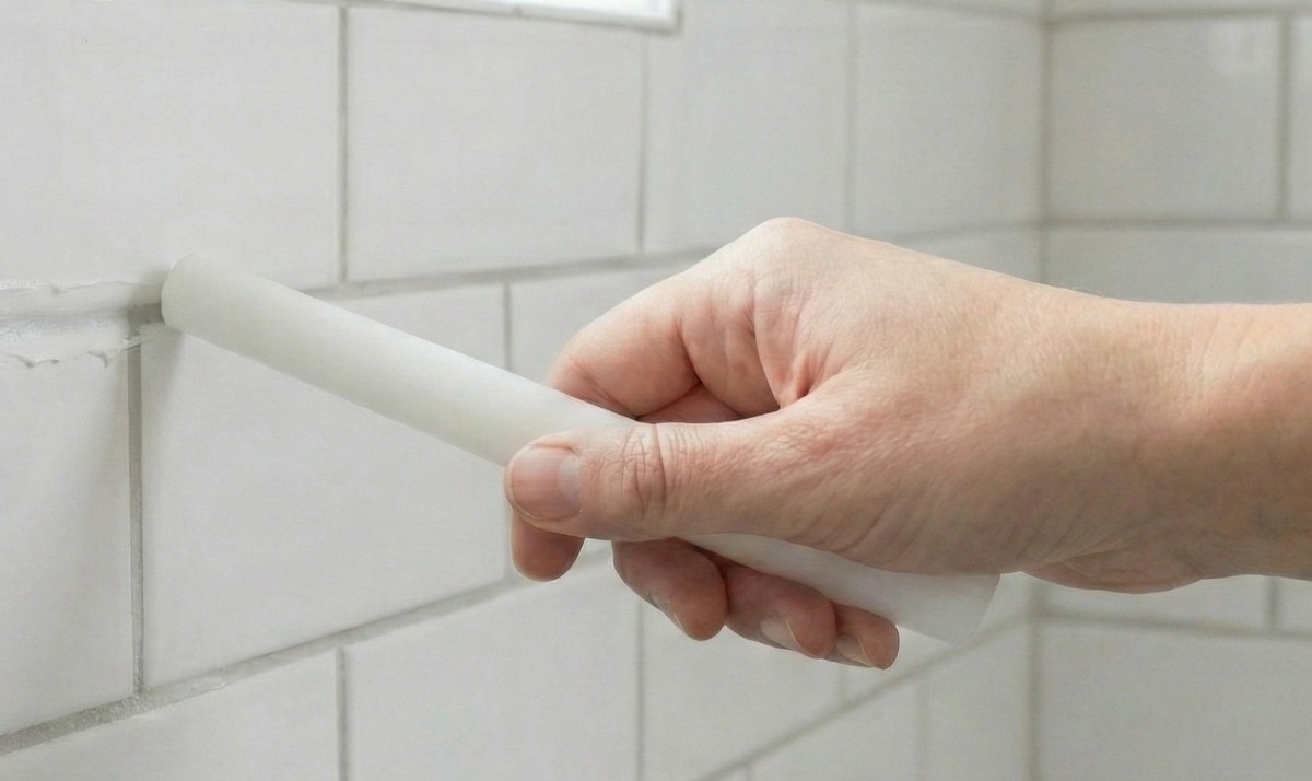 기사를 바탕으로 AI가 생성한 자료사진. 타일 틈을 솔로 깨끗하게 청소하고 충분히 건조시킨 뒤, 양초를 틈새에 따라 문지르면 물때 해결에 효과를 얻을 수 있다.