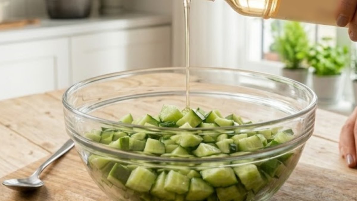 깍둑썰기한 오이에 물엿을 붓는 모습. AI가 생성한 자료사진.