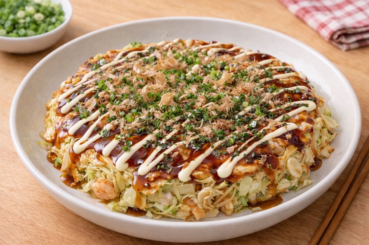 완성된 양배추 해물 오코노미야키 모습. 기사 이해를 돕기 위해 AI를 활용해 제작한 자료 사진입니다. 실제 모습과 다소 차이가 있을 수 있습니다.