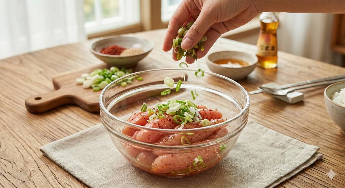 명란젓에 파를 넣는 모습 (AI 사진)