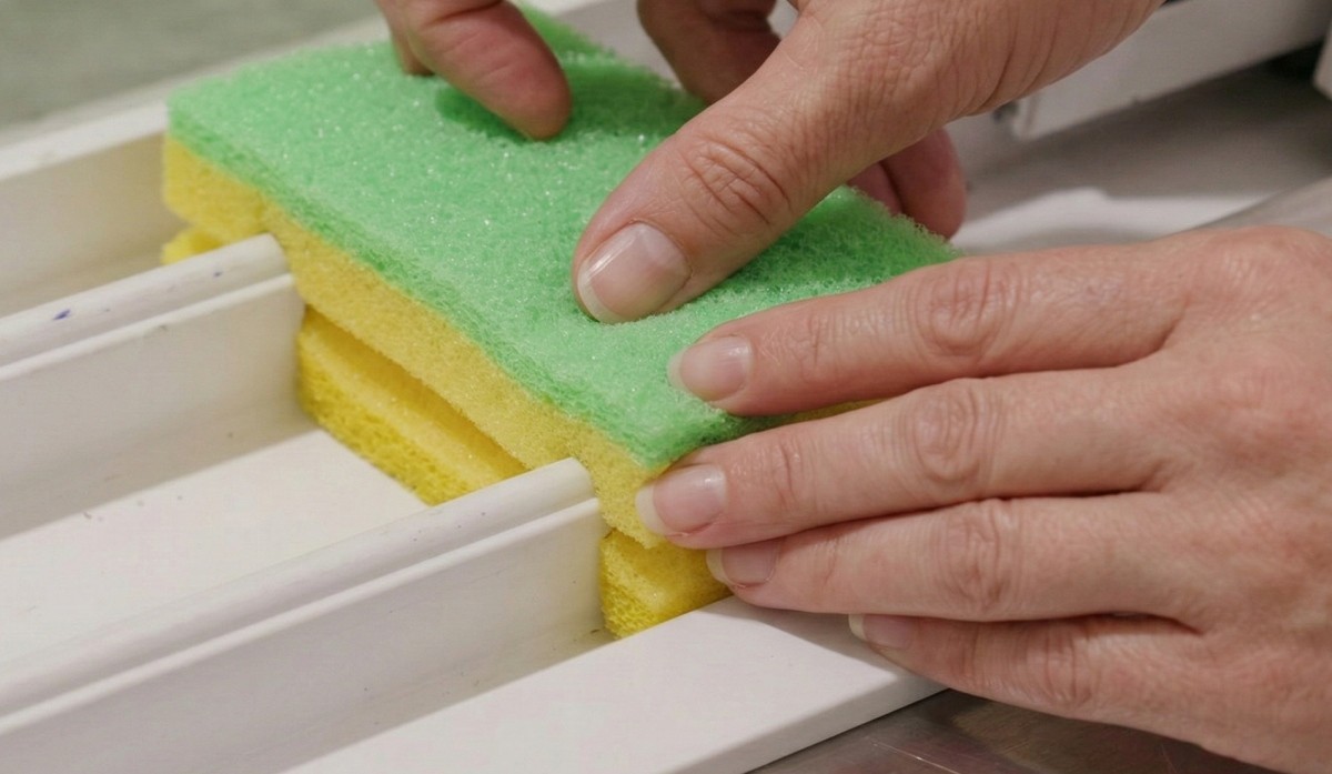 AI로 생성한 자료사진. 수세미를 창틀 깊이에 맞춰 적당한 깊이로 절개한다. 이렇게 가공한 수세미를 창틀 레일에 끼워 넣으면 홈에 딱 맞게 밀착된다.