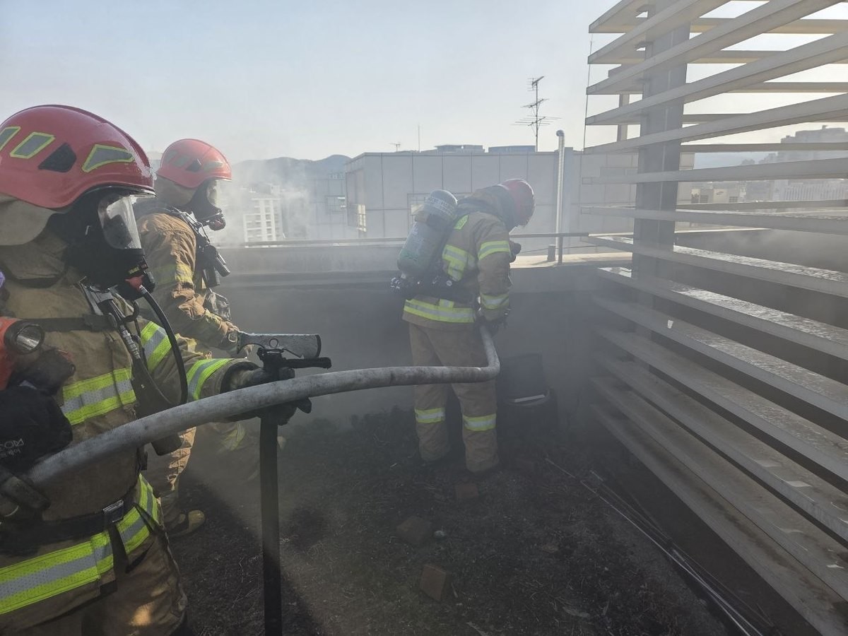 8일 분당 백현동 건물 화재 현장 모습. 28일 오전 8시 49분쯤 경기 성남시 분당구 백현동에 있는 7층짜리 건물에서 불이 났다. 소방 당국은 다수 인명피해 우려에 따라 이날 오전 8시 57분쯤 '대응 1단계'를 발령해 화재 진화와 동시에 인명 검색도 진행 중인 것으로 전해졌다. 이날 화재가 발생한 지하 3층, 지상 7층 규모의 해당 건물에는 의원과 소매점, 사무실 등이 있는 것으로 파악됐다. / 경기소방재난본부 제공-연합뉴스