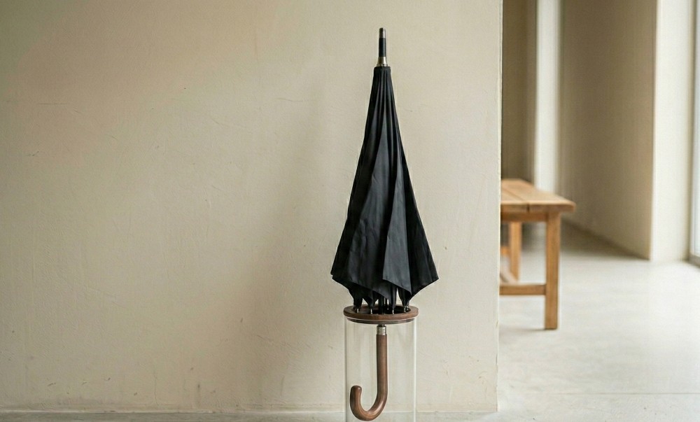 기사를 바탕으로 AI가 생성한 자료사진. 우산은 손잡이가 아래로 향하게, 즉 거꾸로 세워 보관하는 편이 좋다고 알려졌다. 완전히 건조되지 않은 우산을 손잡이가 위로 가게 꽂아두면 물기가 우산 내부로 흘러 들어가 계속 고여있을 수 있다.