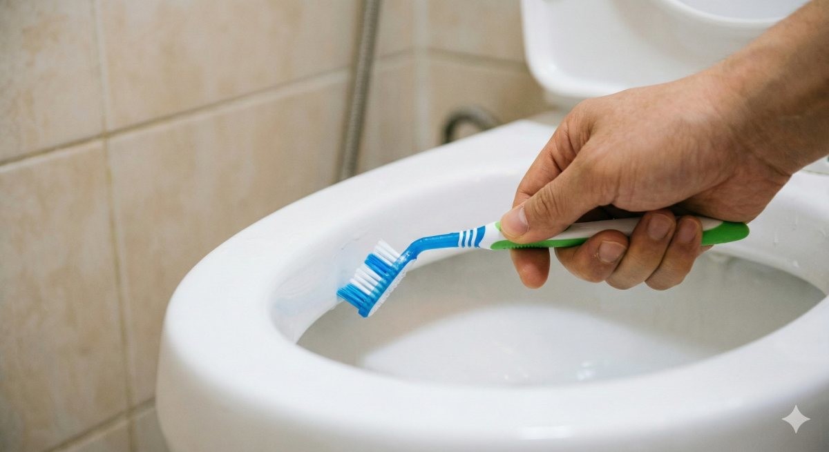 칫솔로 변기 청소하는 모습 (AI로 제작됨)