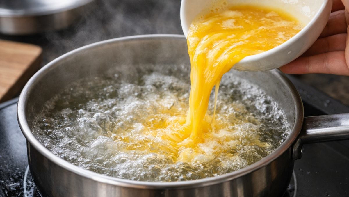 끓는 물에 계란을 푸는 모습. AI가 생성한 자료사진.