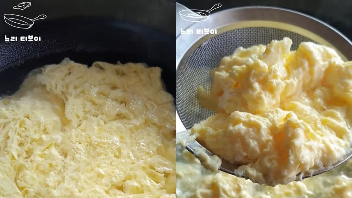 계란을 끓는 물에 풀어 다 익은 후 건져내는 모습. / 유튜브 '뇨리 티브이'
