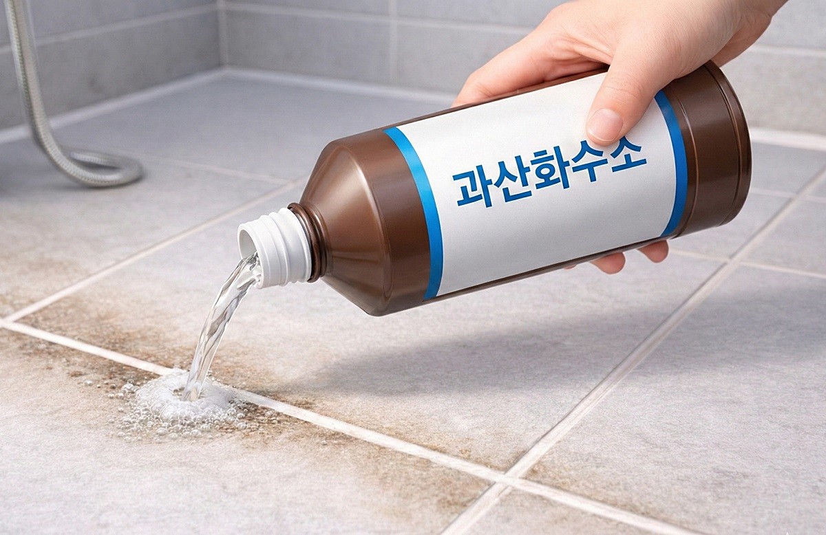 욕실 바닥 줄눈에 과산화수소를 부어주는 모습. 기사 이해를 돕기 위해 AI를 활용해 제작한 자료 사진입니다. 실제 모습과 다소 차이가 있을 수 있습니다.