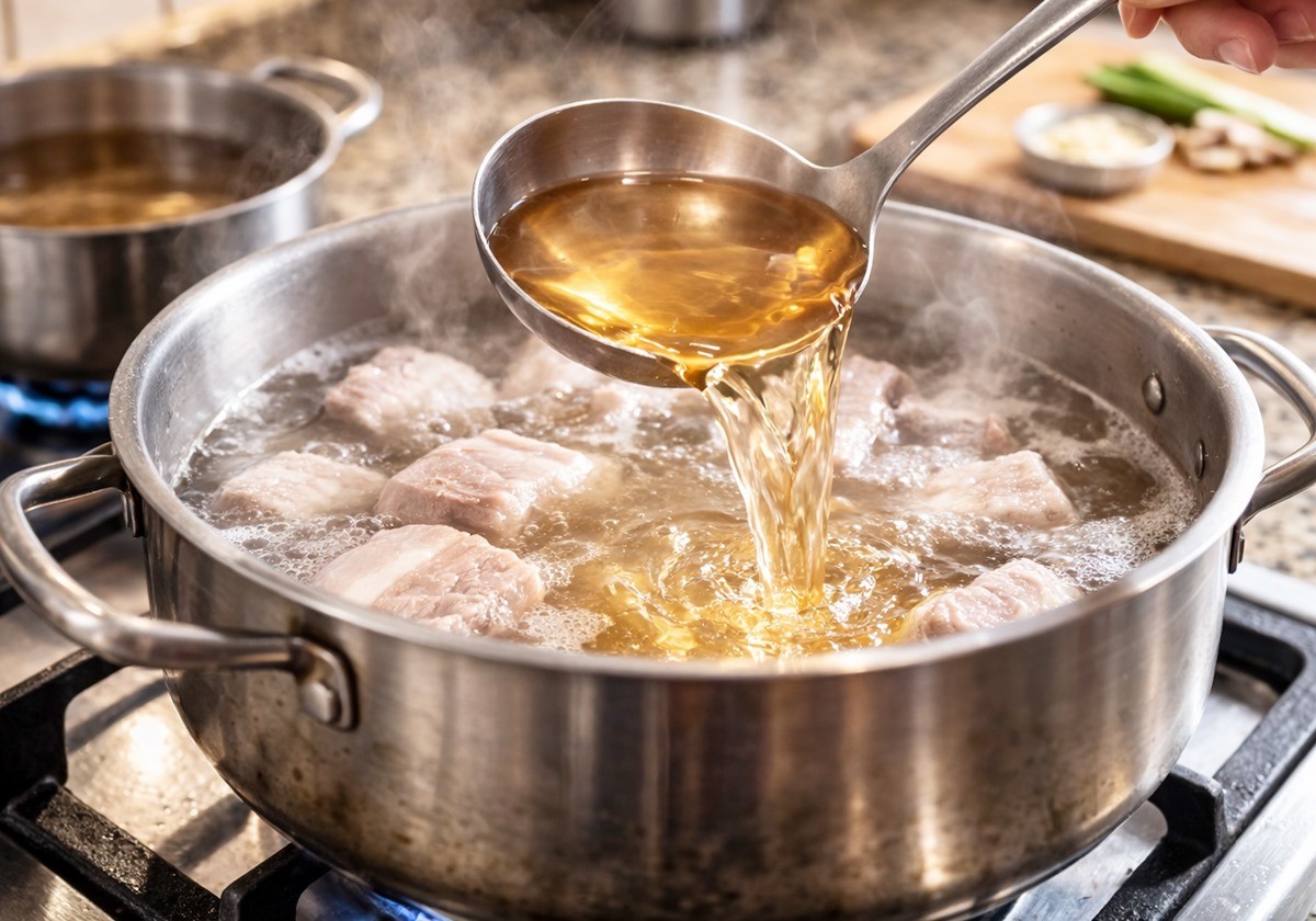 돼지고기를 삶을 때 배 달임물을 넣는 모습. 기사 이해를 돕기 위해 AI를 활용해 제작한 자료 사진입니다. 실제 모습과 다소 차이가 있을 수 있습니다.