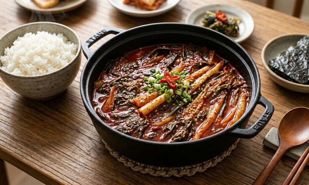 기사를 바탕으로 AI가 생성한 파김치지짐 자료사진. 파김치지짐은 밥과 함께 먹거나 김에 싸서 먹어도 맛있다. 두부 등에 곁들여 먹어도 어울린다.