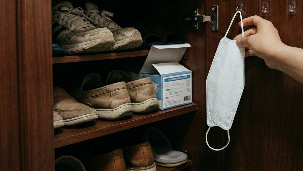 신발장에 마스크를 놓은 모습