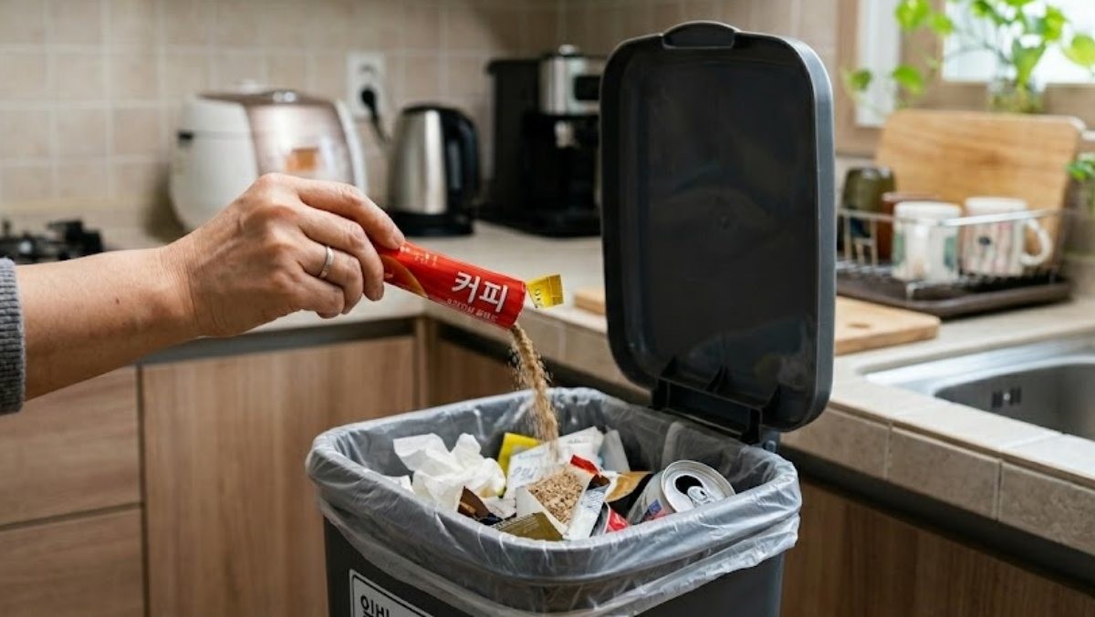 인스턴트 커피를 쓰레기통에 붓는 모습. AI가 생성한 자료사진.