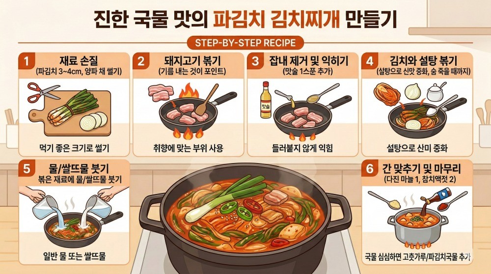 [인포그래픽] 파김치찌개 레시피 인포그래픽 이미지. 묵은 파김치를 김치찌개 용도로 활용하면 새로운 맛으로 즐길 수 있다.