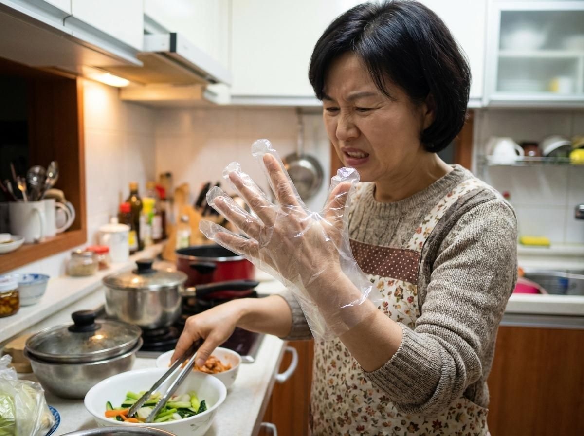 요리할 때 은근히 많은 이들이 불편함을 느끼는 부분이 있다. 손가락 끝이 헐렁해 칼질이 불안하거나, 반죽을 하다 보면 장갑이 벗겨지는 상황이다. 기사 내용 토대로 AI툴 활용해 제작한 자료사진.