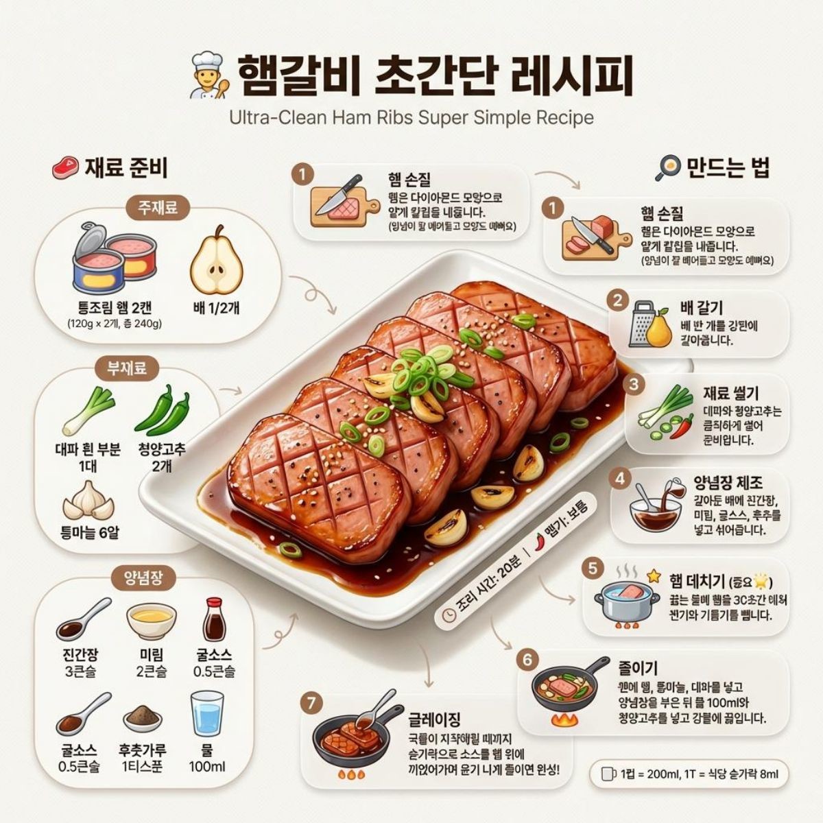 [인포그래픽] 유튜브 채널 '요리왕비룡 Korean Food Cooking'의 햄 갈비 레시피.