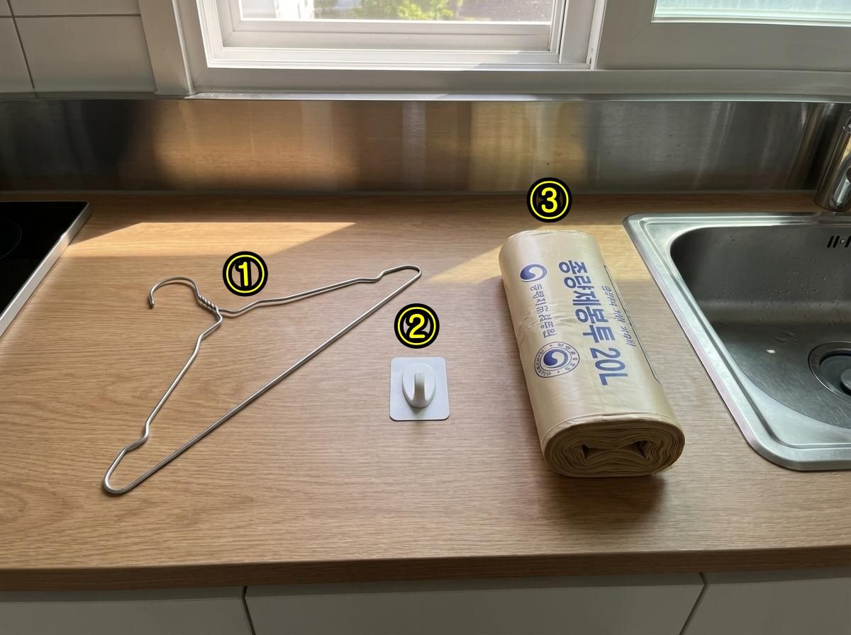 종량제봉투-옷걸티 꿀팁, 초간단 준비물들. 기사 내용 토대로 AI툴 활용해 제작한 자료사진.