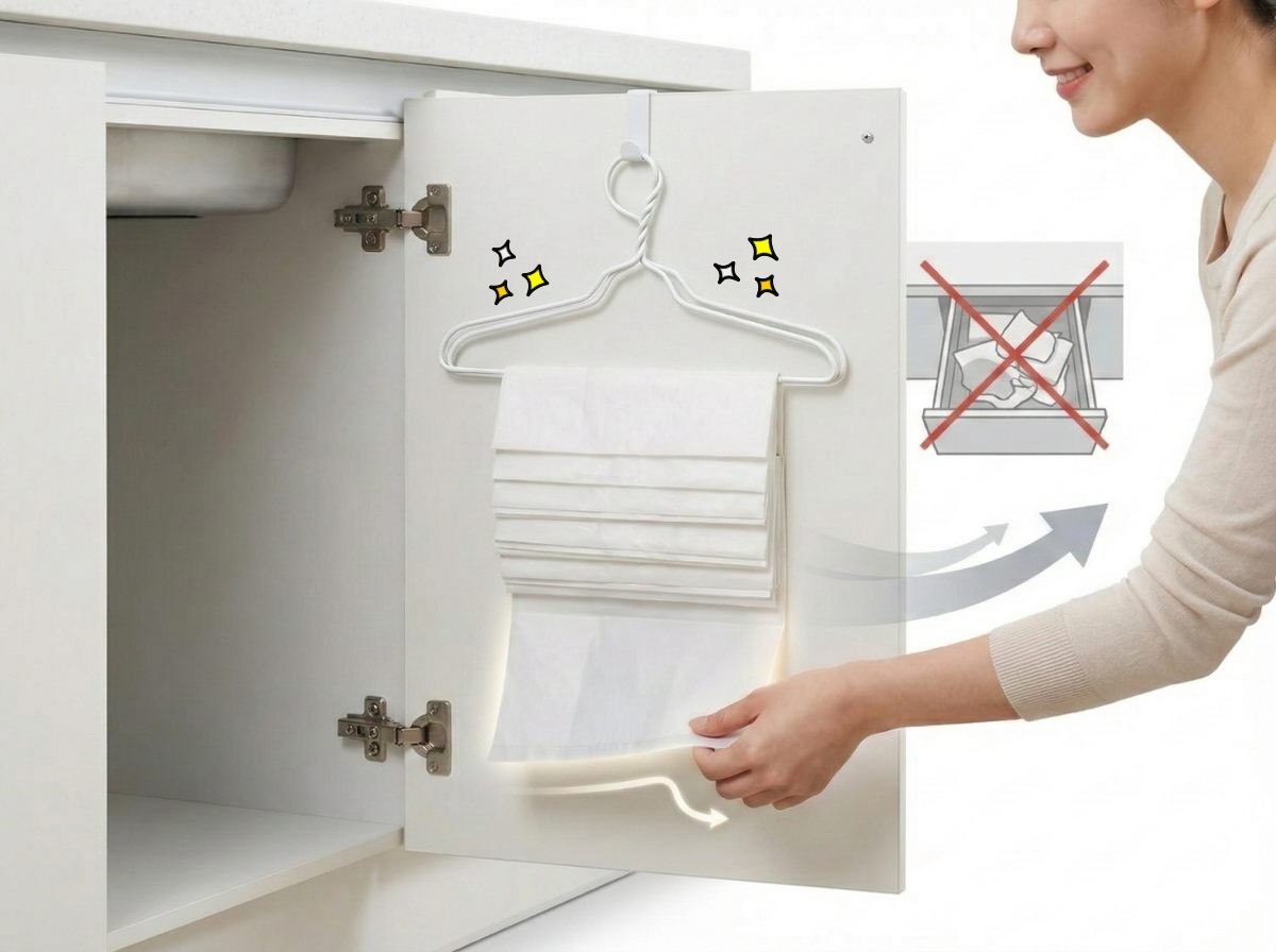 옷걸이 이용해 싱크대 하부장에 간편하게 종량제봉투 보관하기 완성. 기사 내용 토대로 AI툴 활용해 제작한 자료사진.