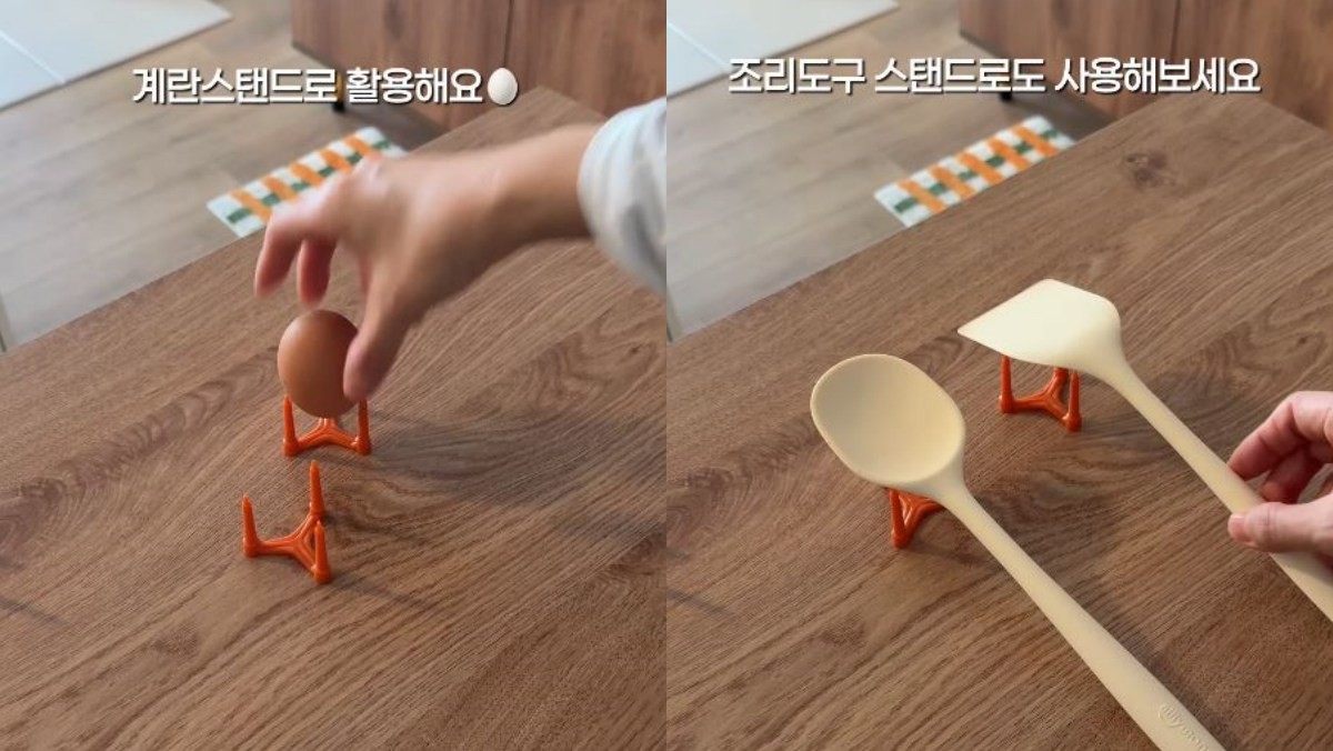 피자 삼발이를 계란스탠드와 조리도구 스탠드로 활용하는 모습. / 유튜브 '작은집살림살이'