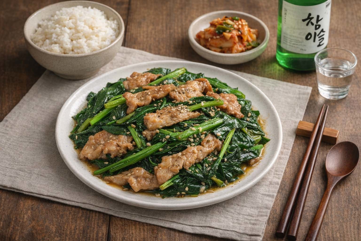 시금치돼지고기볶음. AI 툴로 만든 사진.