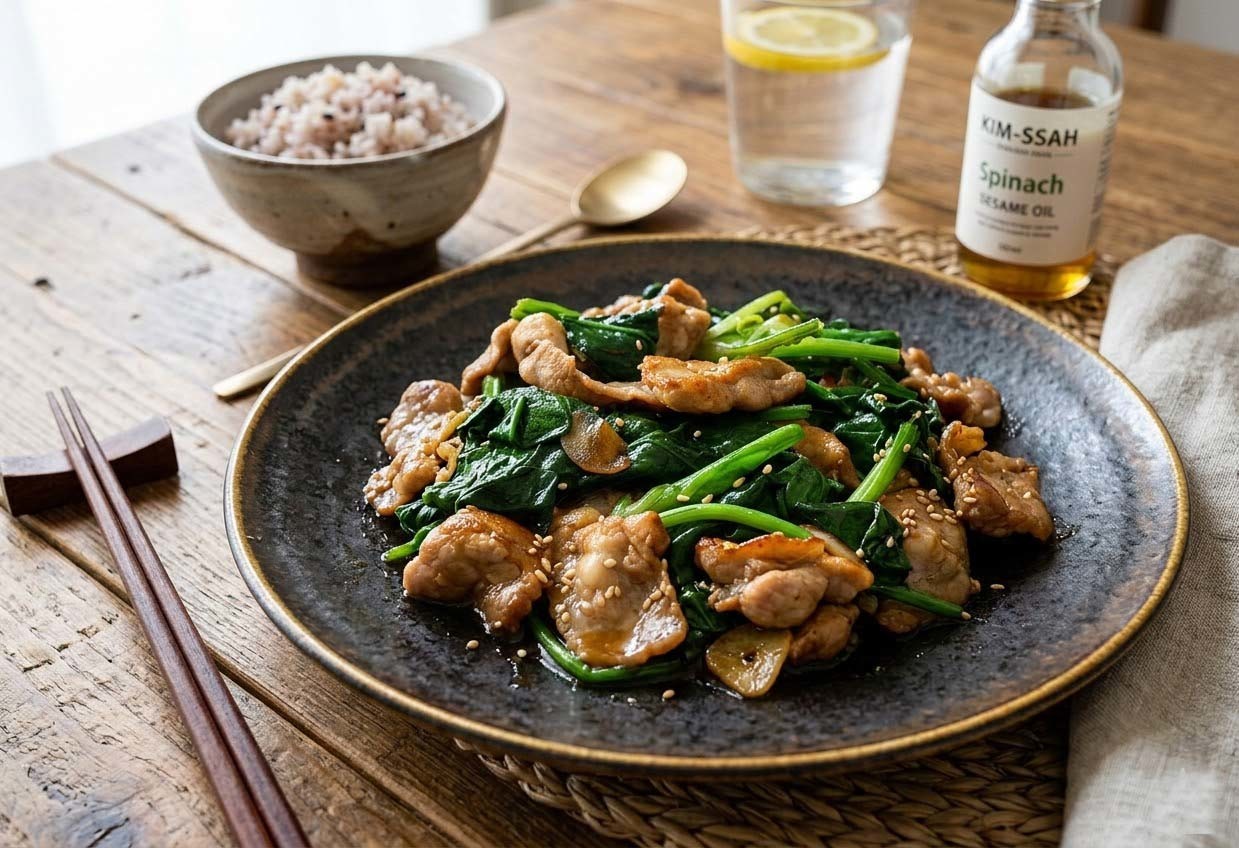 시금치돼지고기볶음. AI 툴로 만든 사진.