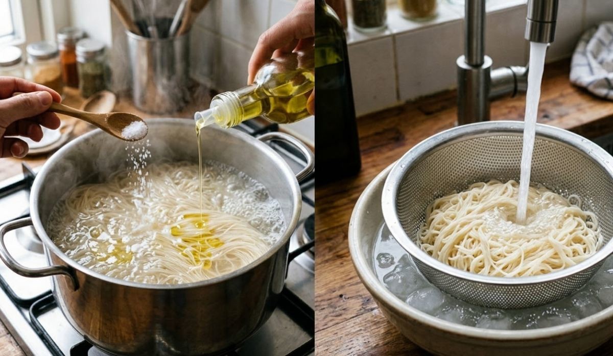 국수를 삶을 때는 물에 소금을 약간 넣는 것이 일반적이다. 여기에 식용유를 소량 넣으면 면끼리 달라붙는 것을 줄이는 데 도움이 된다.    면을 삶은 뒤에는 찬물에 한 번 헹구는 과정도 중요하다. 면 표면의 전분이 일부 제거되면서 식감이 더 탱탱해진다. 국물이 탁해지는 현상도 줄어드는 효과가 있다. 기사 내용 토대로 AI툴 활용해 제작한 자료사진.