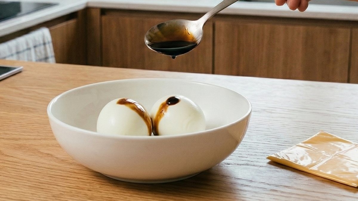 삶은 계란에 발사믹 식초와 치즈를 넣는 모습. AI가 생성한 자료사진.