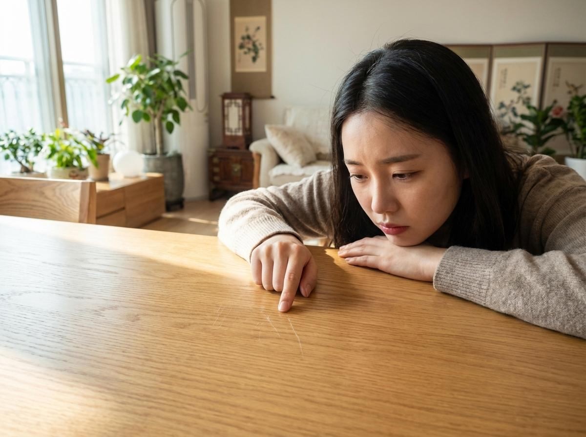 은근히 신경 쓰이는 나무 가구의 잔흠집. 기사 내용 토대로 AI툴 활용해 제작한 자료사진.