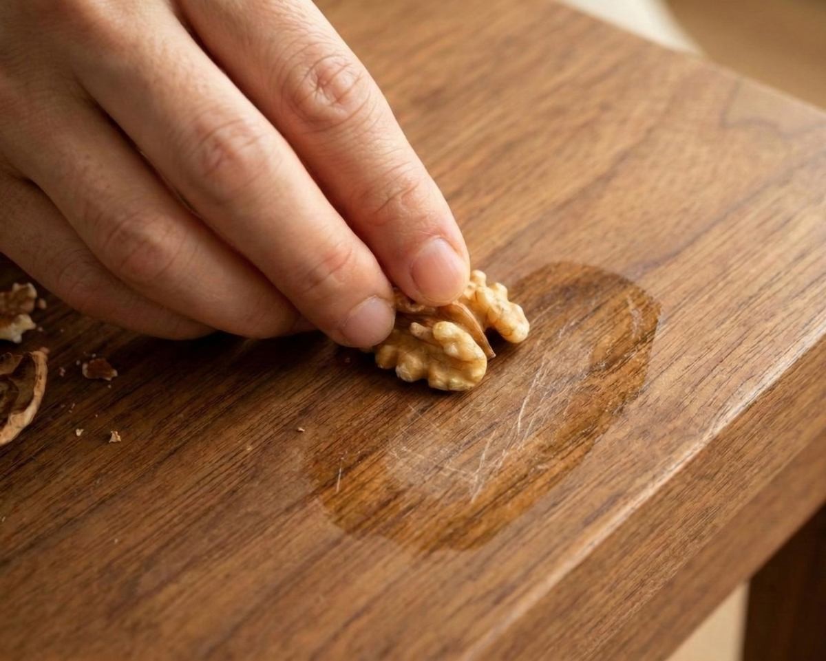 흠집이 있는 나무 가구 부분에 호두를 문질러 보기. 기사 내용 토대로 AI툴 활용해 제작한 자료사진.