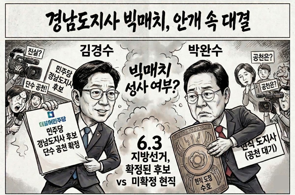 '김경수vs박완수 대결, 과연 성사될까?' 기사 내용 토대로 AI툴 활용해 제작한 자료사진.