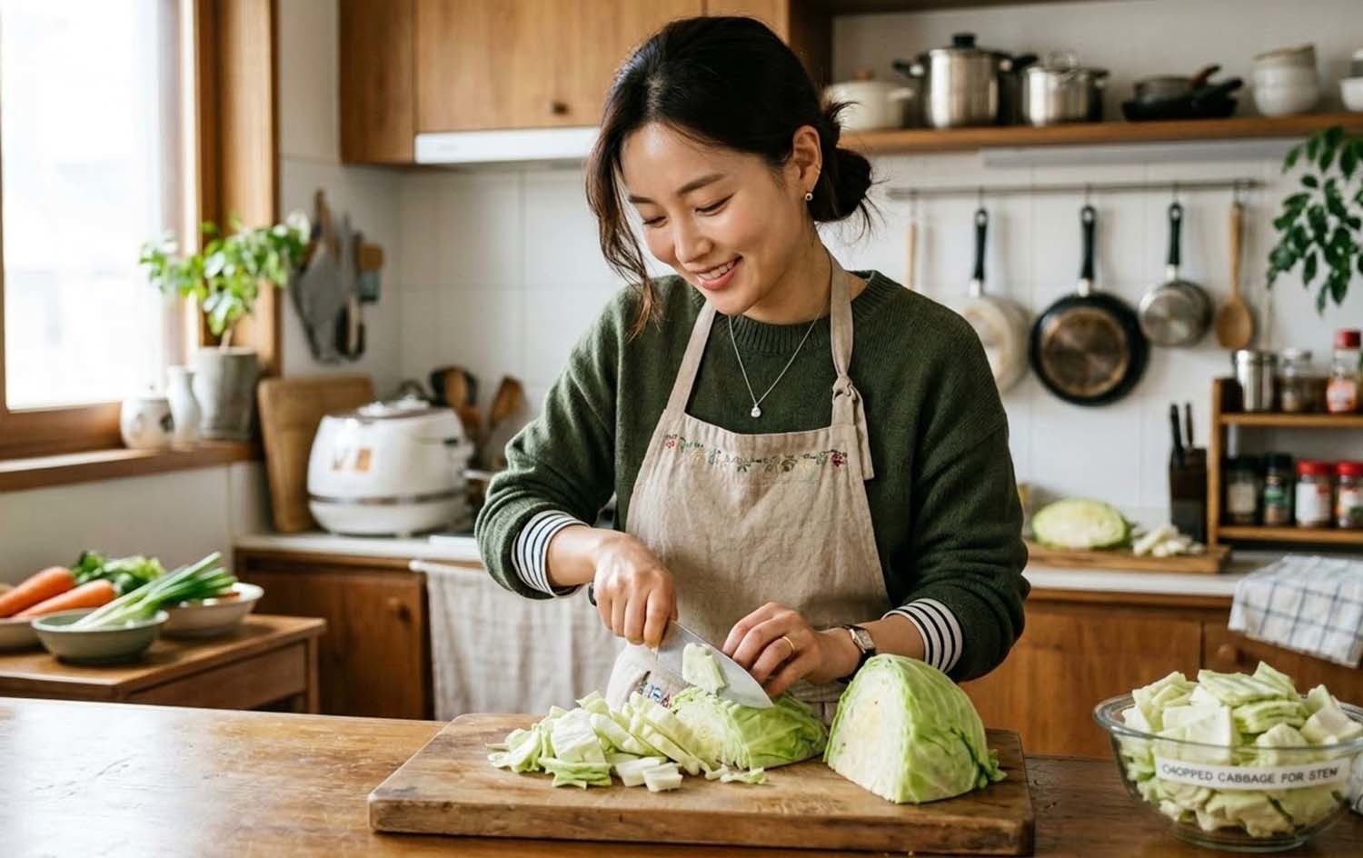 양배추를 써는 모습. AI 툴로 만든 사진.