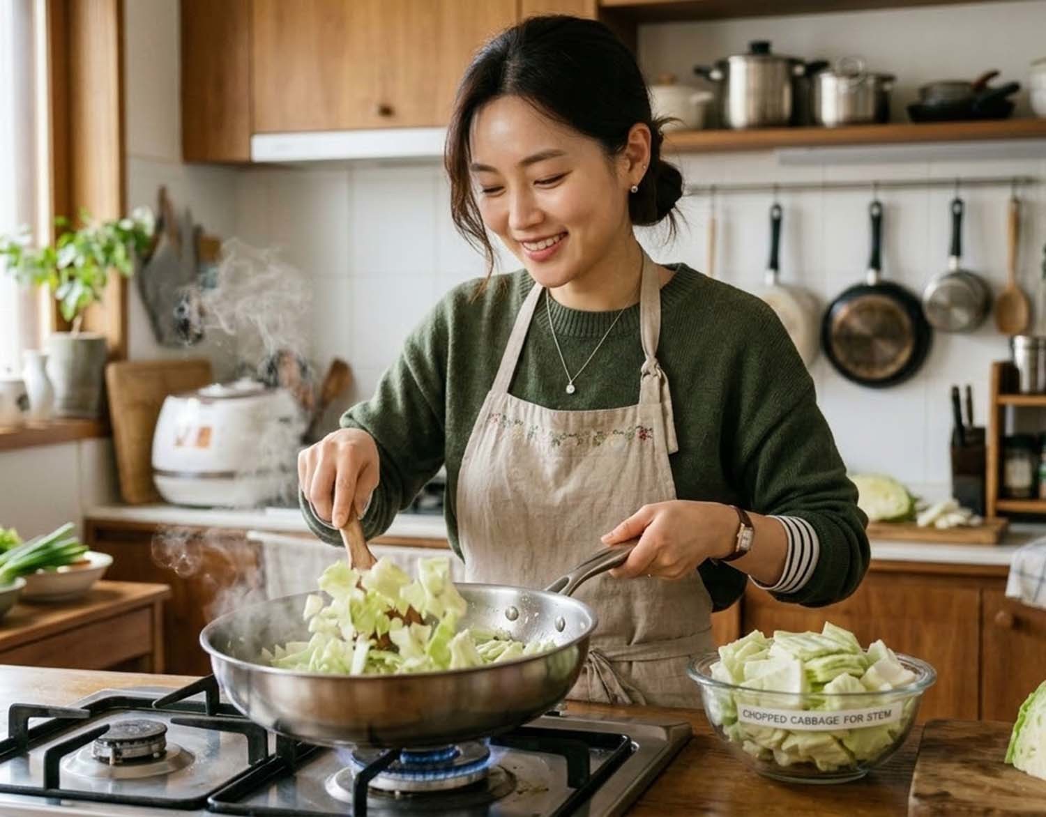 양배추를 볶는 모습. AI 툴로 만든 사진.