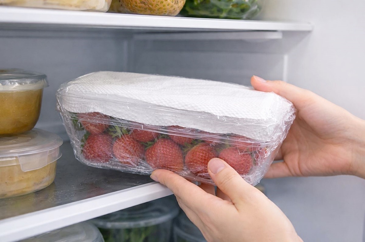 딸기를 냉장고 안쪽에 넣는 모습. 기사 이해를 돕기 위해 AI를 활용해 제작한 자료 사진입니다. 실제 모습과 다소 차이가 있을 수 있습니다.