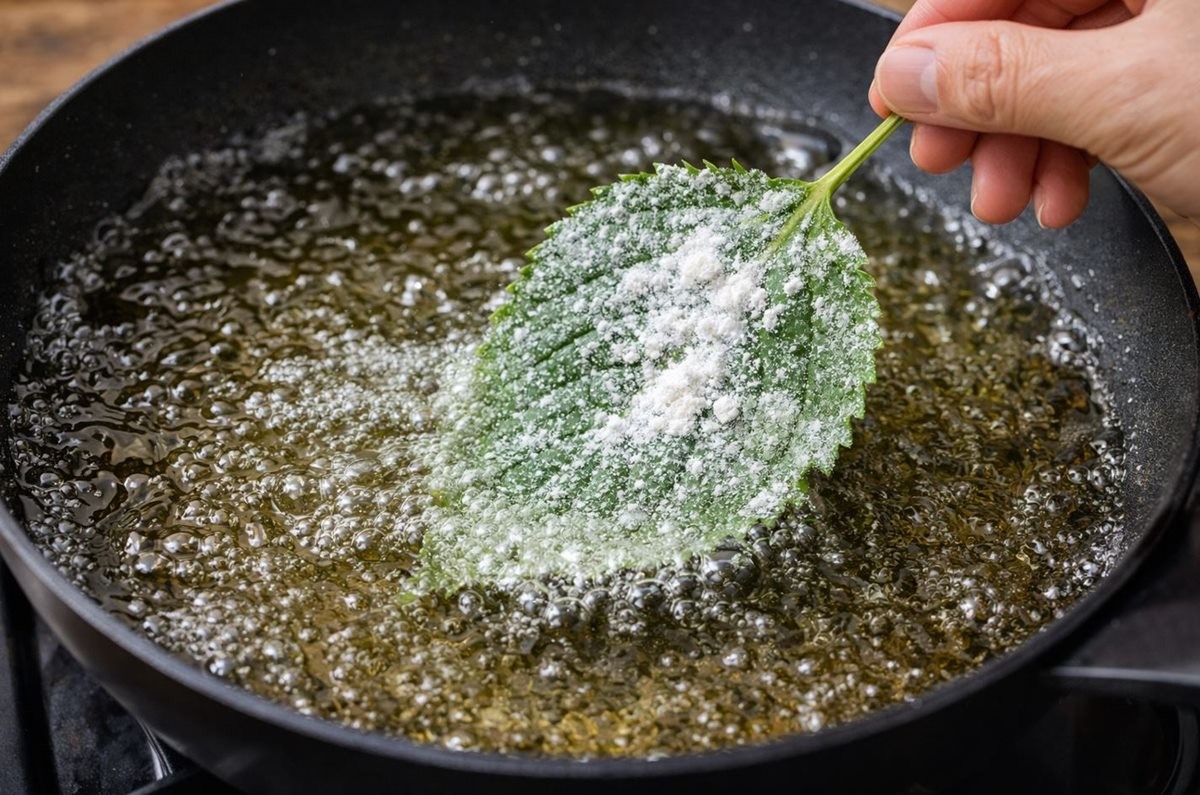 튀김옷을 입힌 깻잎을 기름에 넣는 모습. 기사 이해를 돕기 위해 AI를 활용해 제작한 자료 사진입니다. 실제 모습과 다소 차이가 있을 수 있습니다.