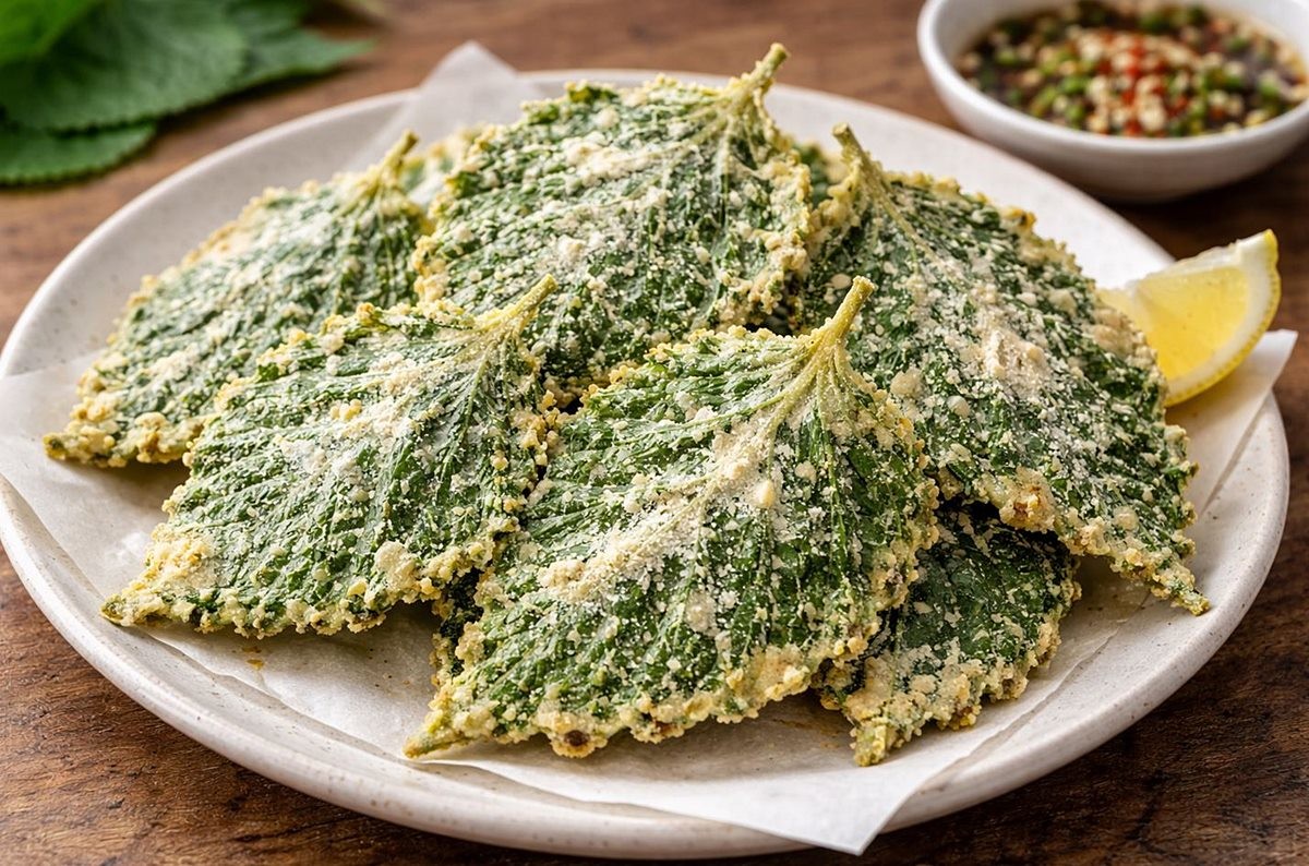 바삭하게 완성된 깻잎 튀김 모습. 기사 이해를 돕기 위해 AI를 활용해 제작한 자료 사진입니다. 실제 모습과 다소 차이가 있을 수 있습니다.