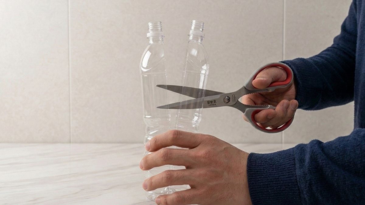 플라스틱 페트병을 반으로 자르는 모습. AI가 생성한 자료사진.