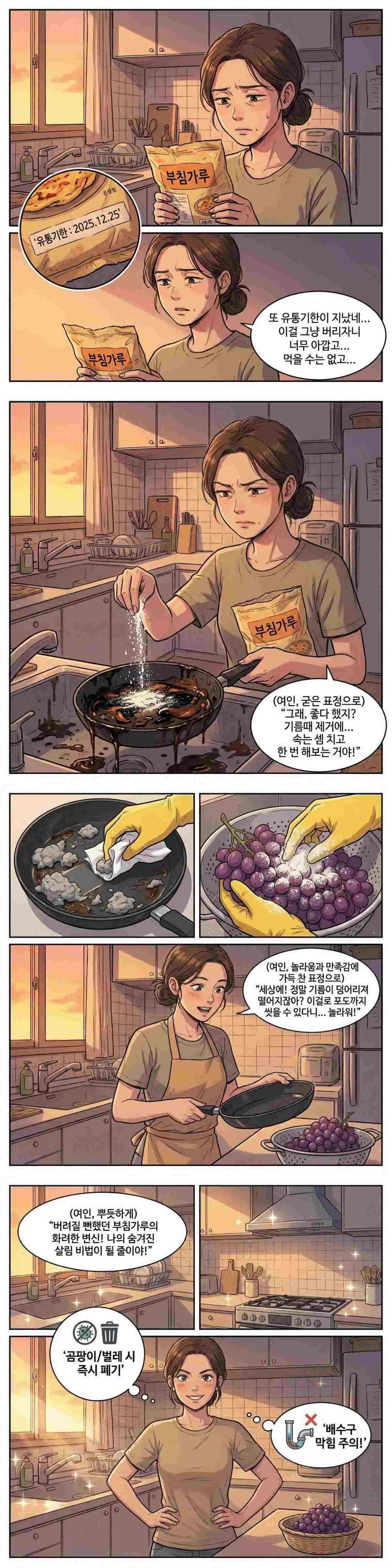 '부침가루, 어디까지 써보셨나요?' 네컷 요약 만화. 기사 내용 토대로 AI툴 활용해 제작한 자료사진.