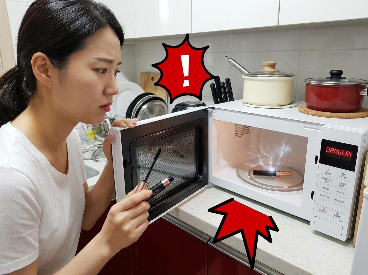 마른 마스카라를 전자레인지에 넣어 데우면 다시 부드러워진다는 이야기가 종종 공유된다. 하지만 실제로는 매우 위험한 방법으로 알려져 있다. 마스카라 용기는 겉으로 보기에는 플라스틱처럼 보이지만 내부 구조에 금속 성분이 포함된 경우가 있기 때문이다. 기사 내용 토대로 AI툴 활용해 제작한 자료사진.