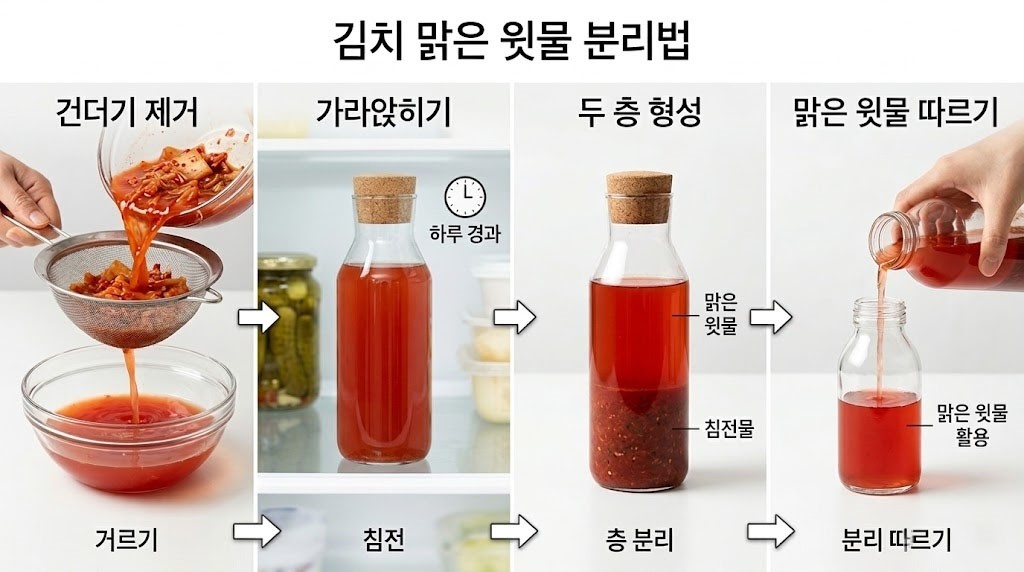 [인포그래픽] 김칫국물을 깨끗한 페트병이나 병에 담아두면 시간이 지나 층이 분리된다. 맑은 윗물만 따로 걸러 사용하면 '김치 식초'로 활용할 수 있다.