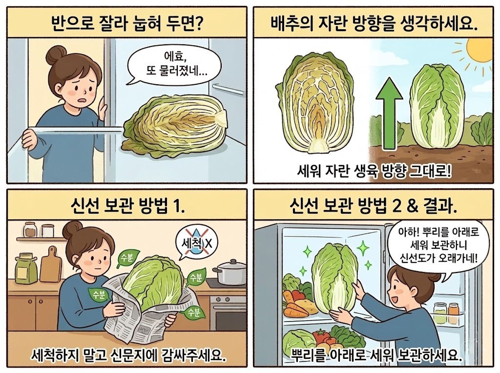 [만화] 배추는 씻지 않고 보관한다. 신문지 등으로 감싸고 뿌리 방향이 아래로 가도록 보관한다.