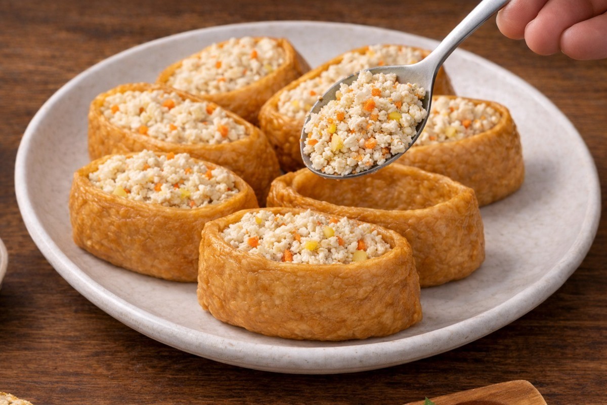 으깬 두부를 유부에 넣어주는 모습. 기사 이해를 돕기 위해 AI를 활용해 제작한 자료 사진입니다. 실제 모습과 다소 차이가 있을 수 있습니다.