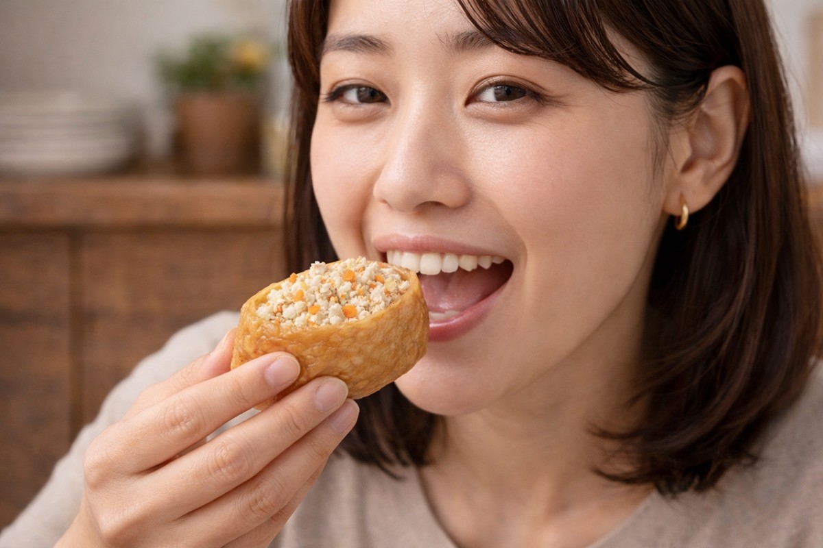 으깬 두부를 넣은 유부초밥을 맛있게 먹는 모습. 기사 이해를 돕기 위해 AI를 활용해 제작한 자료 사진입니다. 실제 모습과 다소 차이가 있을 수 있습니다.