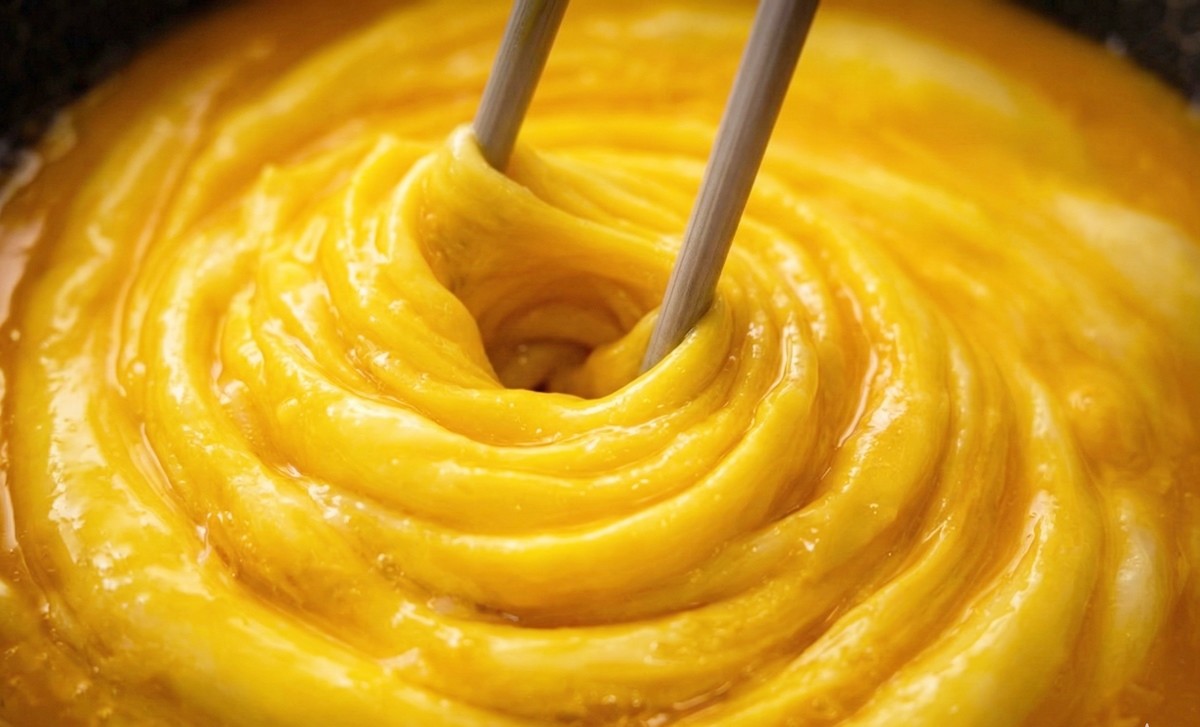 소용돌이 모양 계란 지단을 만들기 위해 달궈진 프라이팬에 올린 계란물을 젓가락으로 집어 돌리는 모습. 기사 이해를 돕기 위해 AI를 활용해 제작한 자료 사진입니다. 실제 모습과 다소 차이가 있을 수 있습니다.