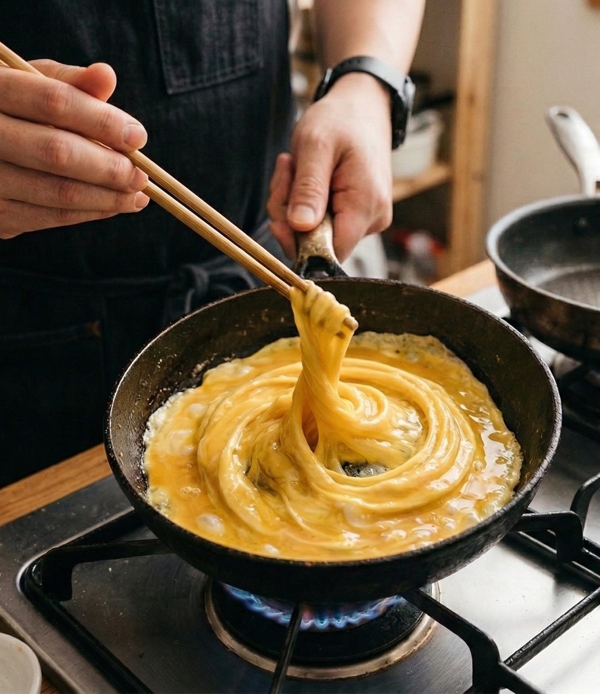 프라이팬에서 소용돌이 모양 계란 지단을 만드는 모습. 기사 이해를 돕기 위해 AI를 활용해 제작한 자료 사진입니다. 실제 모습과 다소 차이가 있을 수 있습니다.
