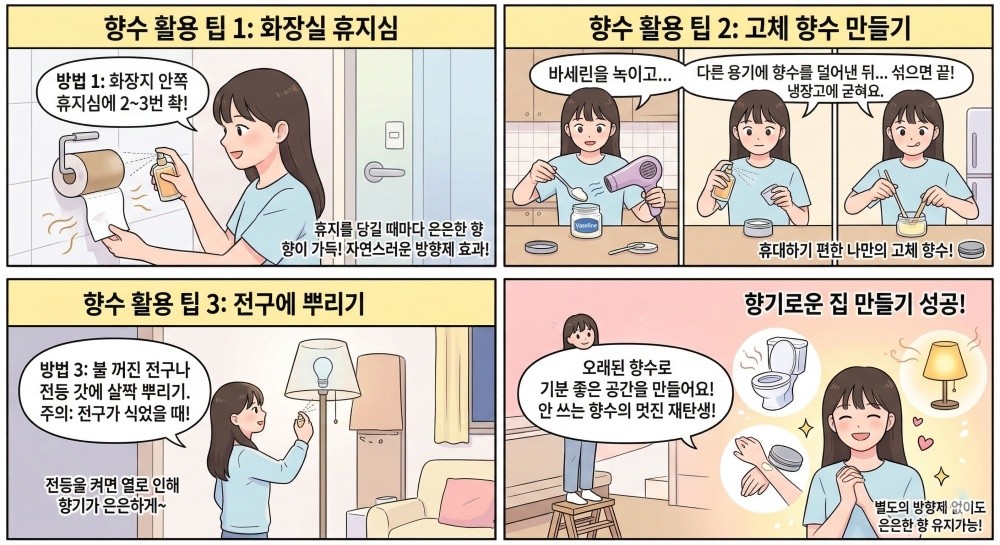 [만화] 안 쓰는 향수 활용법. 향수는 화장실 방향제를 비롯해 고체 향수로 활용할 수 있다. 꺼진 전등에 뿌려도 은은한 향을 발휘한다. 만화 이미지는 AI로 생성됐습니다.