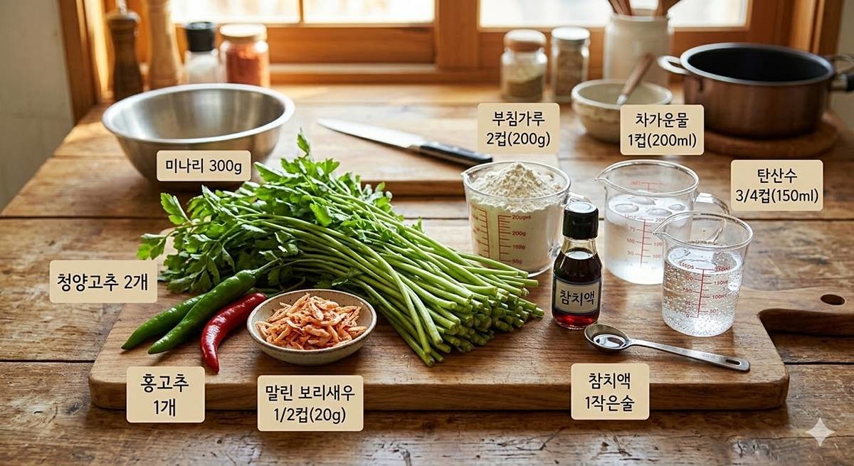 보리새우 미나리전 준비물.    기사에 대한 이해를 돕기 위해 AI 툴로 제작한 자료 사진