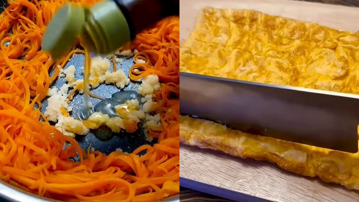 채썬 당근에 양념 재료를 넣고 볶는 모습(왼)과 계란 지단을 자르는 모습(오). / 유튜브 '루다 테이블 Luda Table'